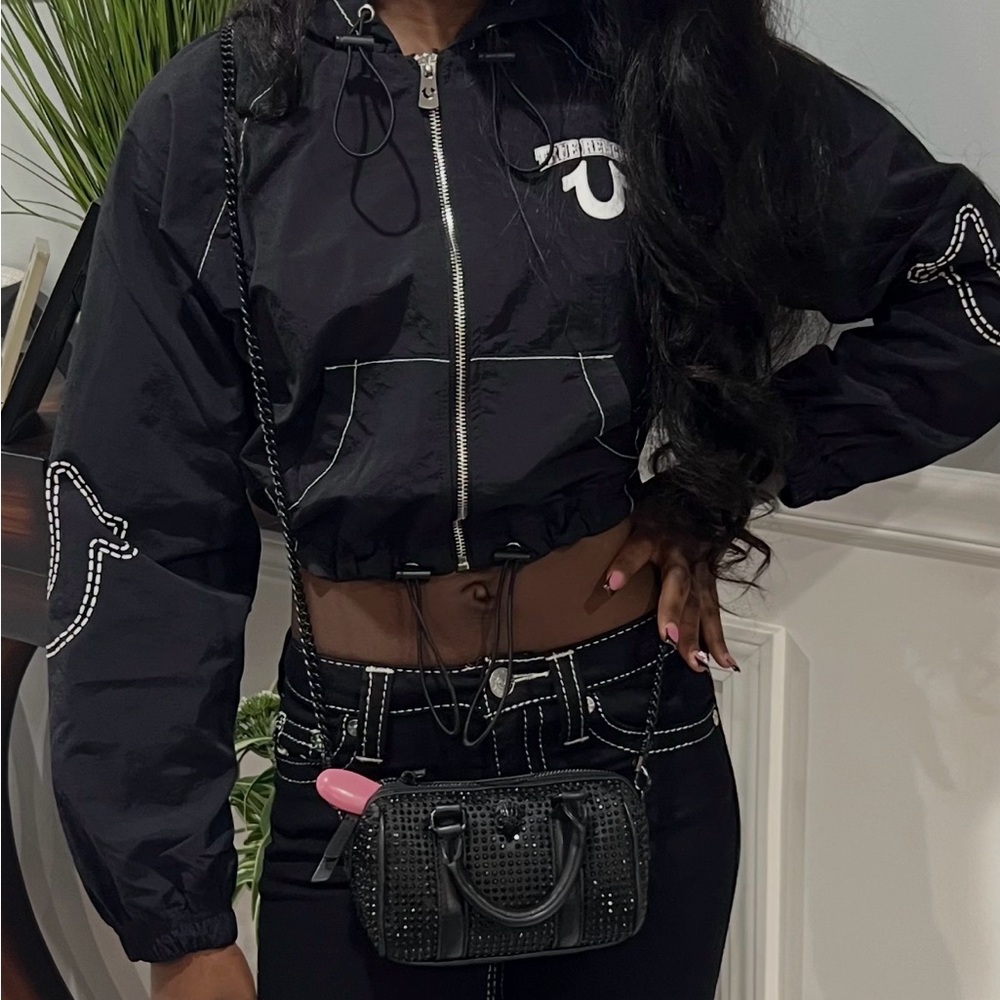 True Religion Black Cropped Bomber Jacket with White Stitching